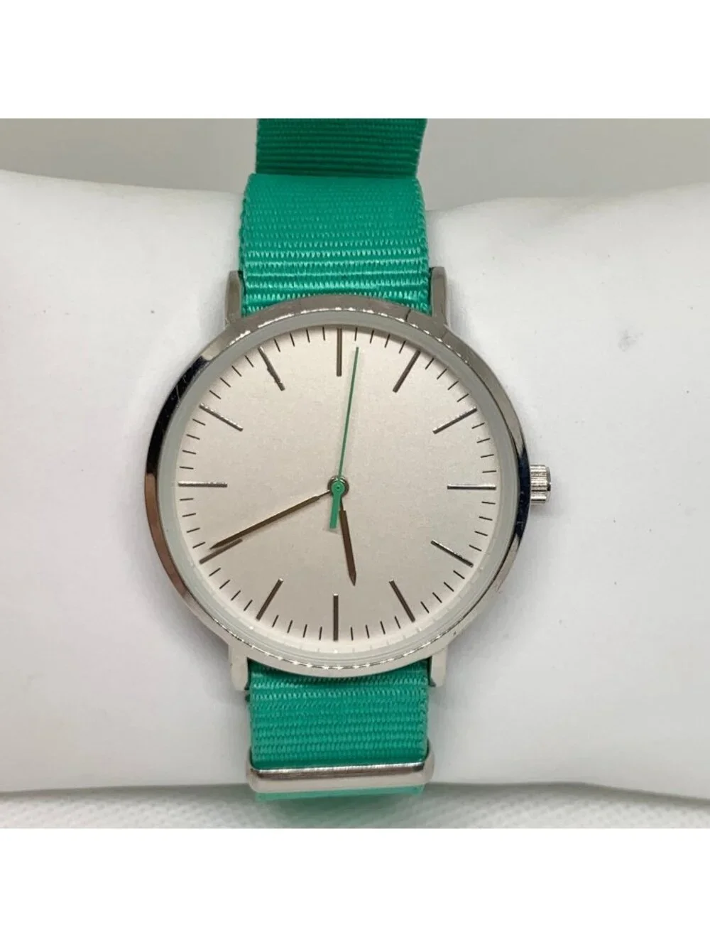 Mspci silver tone watch 38mm quartz analog adjustable green nylon band  running
